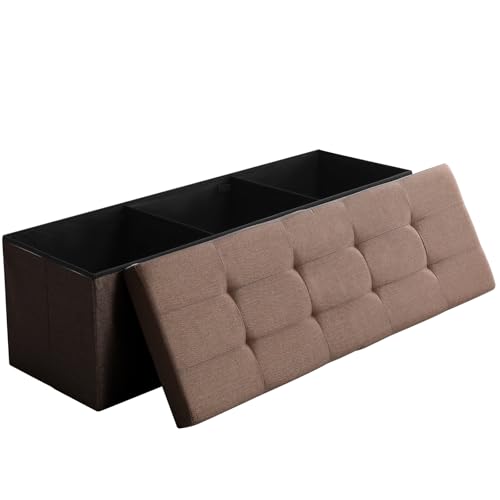 Image of Storage Ottoman Bench Foldable Footrest Foot Stool, 45 inch Fabric Brown | Small Ottoman Foot Rest Seat Shoe Bench Flip-Top forliving Room End of Bed Bedroom Couch Dorm 166L Folding Upholstered Chair