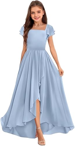 Ruffle Sleeves Junior Bridesmaid Dresses Long Chiffon High Low A-Line Flower Girl Dress for Girls