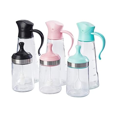 3x19oz Olive Oil Bottle Dispensers with Auto Flip Caps| 3 Honey Jars with Dipper, Spoon and Brush| Non-Drip Glass Oil Containers and Seasoning Boxes for Barbecue, Cooking, Baking, Roasting etc. Cover
