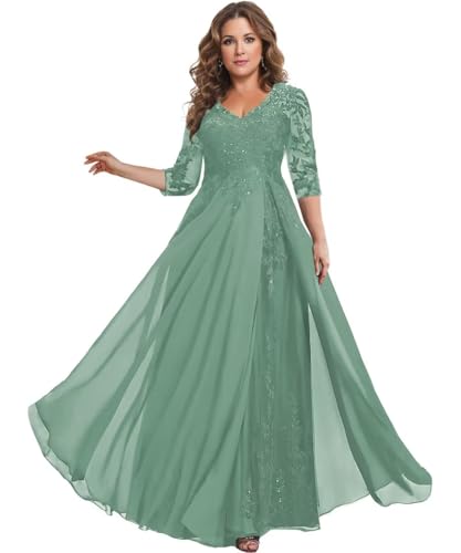 Image of Modest Grandmother of The Bride Dresses Plus Size Eucalyptus Lace Appliques Mother Groom Gown with Sleeves Size 22W