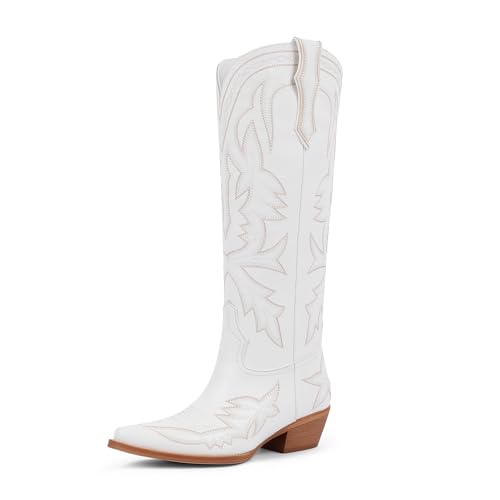 VIUGJNEX Cowboy Boots for Women Knee High Embroidered Pull on Cowgirl Boots Pointed Toe Chunky Low Heel Wide Calf Western Boot for Women 10 White
