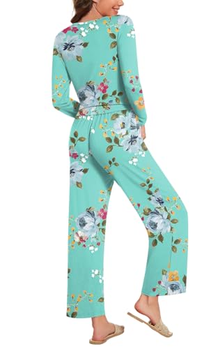 Anydeer Women Pajamas Set Long Sleeve Casual 2 Piece Pleated Pjs Nightwear Pants With Pocket4