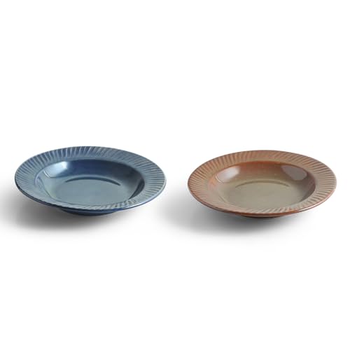 Image of ExclusiveLane 'Lunar Dusk' Ceramic Pasta Bowls /Plates for Serving (Set of 2, 410 ML, Microwave Safe, Hand-Embossed) | Snack Serving Plate for Kitchen Serving Plate for Snacks