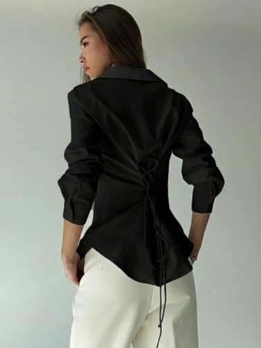 Image of OOMPH! Women Solid Cotton Shirt with Back Tie-Up Detail | Corset Style | Cinched Waist Shirt | Cotton Formal Shirt