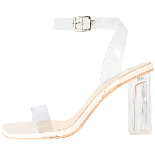 Image of Women's Clear Chunky Block Heeled Sandals 3.74 Inches Open Toe Ankle Strap Block High Heel Sandal Dress Dancing Sandals Daily Work Party Shoes