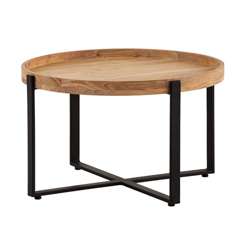 Wohnling Couchtisch 60x60x35 cm Akazie Massivholz Metall Hellbraun Sofatisch Rund, Design Wohnzimmertisch mit erhöhtem Rand, Industrial Kaffeetisch Wohnzimmer Modern