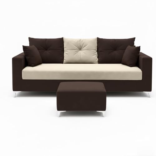 Image of Zora 4 Seater L Shape Sofa Set with Movable Ottomans | Flexible Layout | Rich Velvet Suede Fabric | Silver Legs | Spacious Seating | Modern Sofa for Living Room (Dark Brown-Cream)