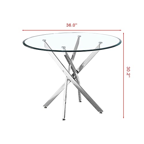 Glass Round Dining Table with Tempered Glass Table Top Stainless Steel Legs,36" Modern Round Glass Kitchen Table Glass Dining Room Table for Dining Room Kitchen Living Room (Silver-Round)