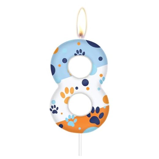 mciskin Vela de color con garra de perro número 8, decoración de pastel de animales, decoración de fiesta temática de garra de mascotas, decoraciones de cumpleaños para niños y niñas, suministros de