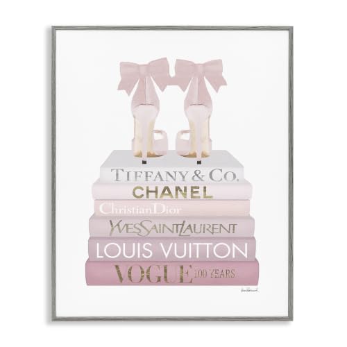 Stupell Industries Chic Pink Bow Shoes Glam Fashion Bookstack, Designed by Amanda Greenwood Gray Framed Wall Art, 24 x 30