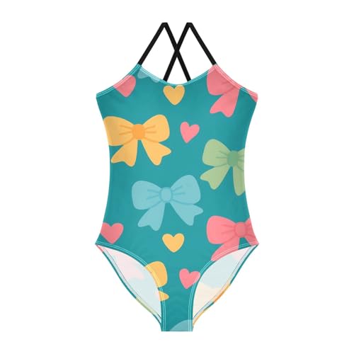 Bolaz Girls Swimsuits One-Piece Bathing Suits Multicolor Kids Sport Summer Beach Swimwear for 3-10 Years Old-Bow Heart Pattern