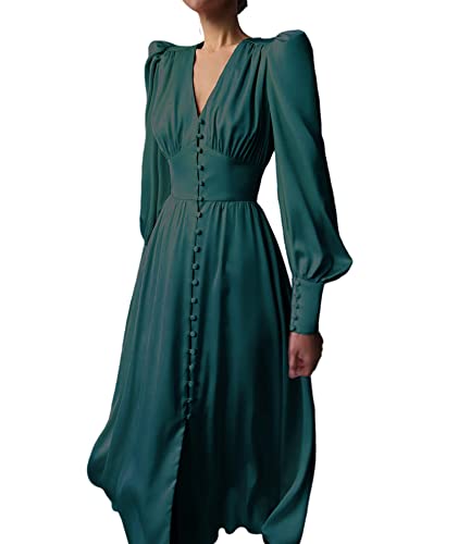xxxiticat Women's Puff Sleeve Satin Maxi Dress Long Lantern Sleeve Button Down Ruffle Single Breasted Vintage Midi Dresses2