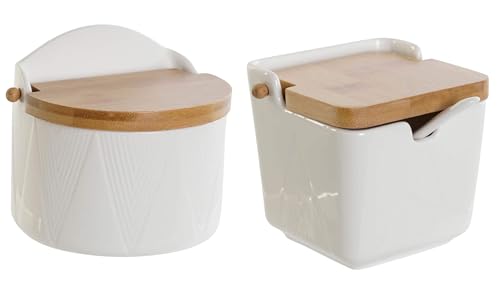 Salero y Azucarero de porcelana blanco con tapa de bambu estilo nordico (Pack)