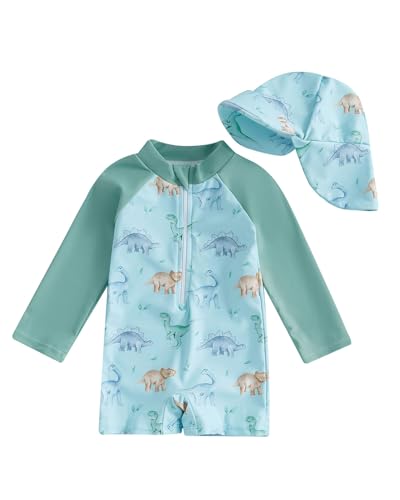 WYTbaby Baby Boy Rash Guard Swimsuit Set with Sun Hat, Long Sleeve One Piece Zipper Sunsuit for Infant Toddler 2-3T Green