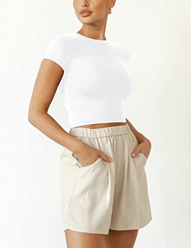 BAIGRAM Women Slim Cap Sleeve Round Neck Crop Tee Tops Basic Cute Form Fitting Baby Tshirt Summer Yoga Shirt 2025 Going Out2