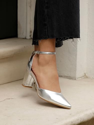 Image of Marc Loire Women's Pointed Toe Block Heel Pumps | Office & Party Shoes with Ankle Loop & Buckle Strap | Formal Footwear