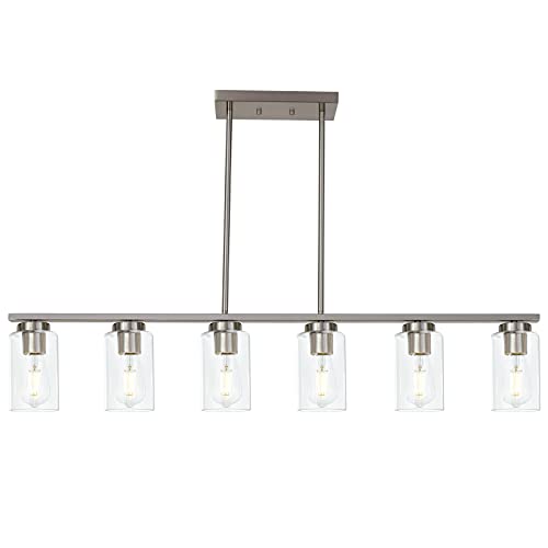 Todoluz 6-Light Kitchen Island Lighting With Clear Glass Shades, Modern Linear Pendant Light Fixture For Dining Room Pool Table, Brushed Nickel Finish #TOP2