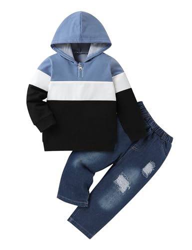 Image of Gaupafmb Baby Boy Clothes Toddler Boy Outfits Long Sleeve Hoodie Sweatshirts and Ripped Jeans 2Pcs Outfits Set