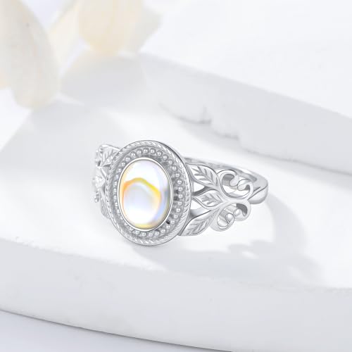 925 Sterling Silver Moonstone Ring for Women, Artificial Rainbow Moon Stone Engagement Rings, 6 * 8mm Oval Solitaire Leaf Wedding Ring Victorian Nature's Jewelry, Size 64