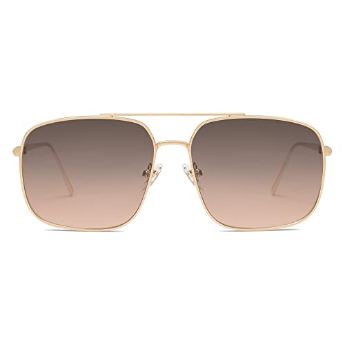 SOJOS Retro Square Aviator Sunglasses Womens Mens Double Bridge Metal Sun Glasses SJ1176, Gold/Grey Gradient Pink