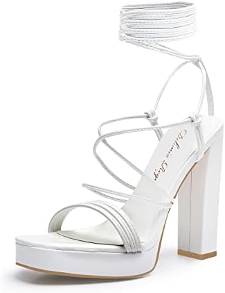 DELONIX REGIA Platform Heels for Women Sexy Strappy Chunky Block Heels Lace up Open Toe High Heeled Sandals Evening Dress Party Wedding Shoes Matte Leather White Size 9