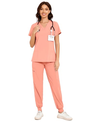 COZYFIT Scrubs for Women - V-Neck Top & Cargo Pants Scrubs Set with 10 Pockets