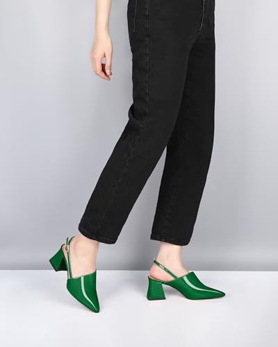 AUMOTED Women Green Slingback Heel Pumps Dating Block Mid Heels Pointed Toe Solid Chunky Pumps Party 2.5 Inch Dress Shoes Patent Leather Green US Size 103