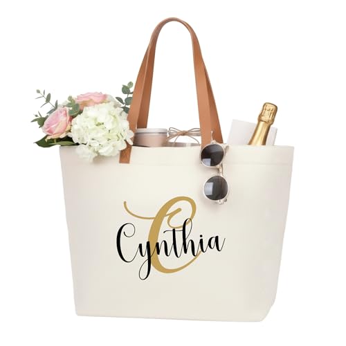 Image of ELEGANTPARK Personalized Canvas Tote Bag with Zipper, Custom Bridesmaid Gifts with Name & Role, Monogrammed Initial Bag for Women, Teacher, Nurse, Travel & Beach | Monogrammed, Customized Gift Tote