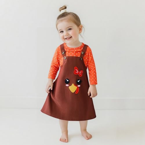 3-7T Toddler Thanksgiving Outfit Girl Long Sleeve Ruffles Shirts and Turkey Suspender Skirt Girls Fall Dress3