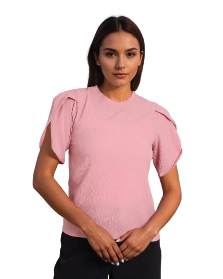 Women Solid Fuchsia Pink Poly Knit Smart Casual Regular Top-image-40