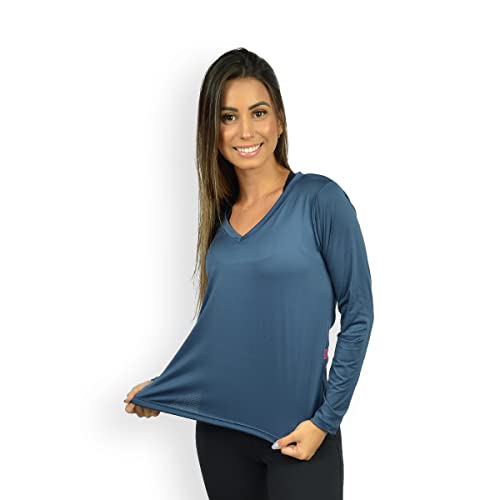 Camiseta Dry Fit Manga Longa Feminina UV Protection Secagem Rápida Fitness Cor:Azul Marinho;Tamanho: