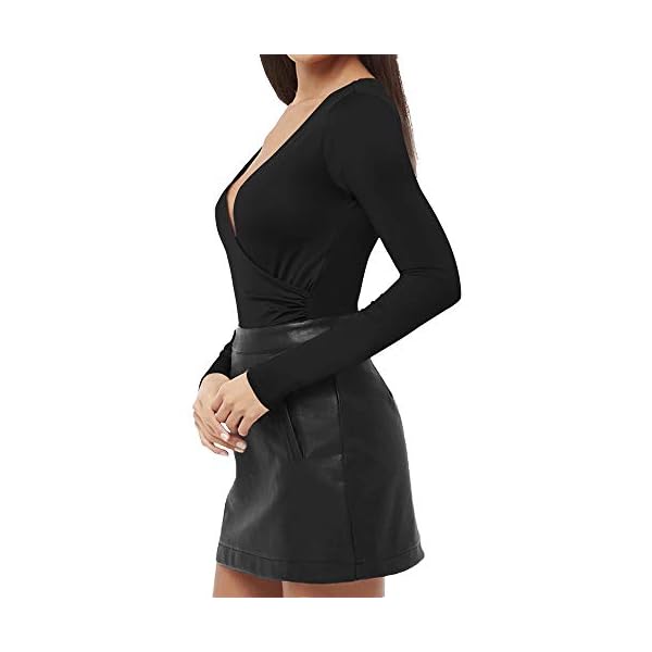 MANGOPOP-Womens-Cross-Wrap-Ruched-Plunge-Neck-Deep-V-Long-Sleeve-Short-Sleeve-Bodysuits MANGOPOP Women's Cross Wrap Ruched Plunge Neck Deep V Long Sleeve Short Sleeve Bodysuits