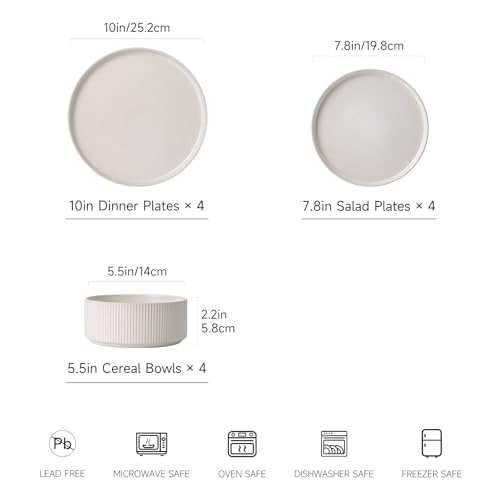 Image of Dinnerware Set Service for 4, 12-Piece Ceramic Plates and Bowls Set, Chip & Scratch Resistant, Microwave and Dishwasher Safe, Modern Minimalist Tableware for Everyday Use, Matte White