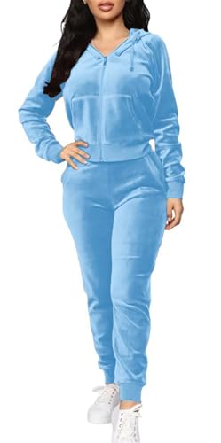 BOGURST Two Piece Outfits for Women Velour Tracksuit Sweatsuits Long Sleeve Full Zip Hoodie Causal Tracksuits, Light Blue, Medium