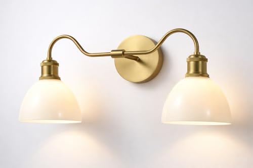 Image of 2 Light Milk Glass Bathroom Vanity Light in Brushed Gold Finish - Brushed Gold Vanity Light for bathrooms (Bulb Included)