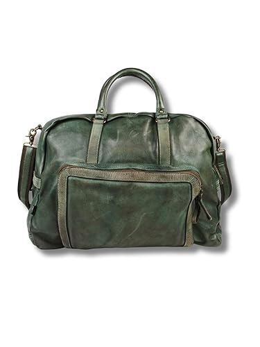 Art N Vintage Bolsa de viaje de piel auténtica con compartimento para zapatos, elegante bolsa de aseo para hombre, verde oliva oscuro, Estilo vintage