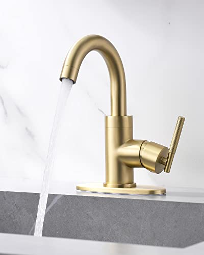 Swivel Spout Single Handle Brass Bathroom Sink Faucet, Rotatable Knurled Design Bar Sink Faucet, One Hole Deck Mount, Brushed Gold #TOP1