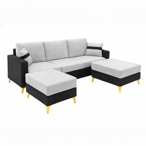 Image of Strike Dual Tone Plush 5 Seater L Shape Sofa Set with 2 Movable Ottomans | Flexible Layout | Silken Velvet Suede| Golden Metal Legs | for Living Room & Office (Light Grey & Black)