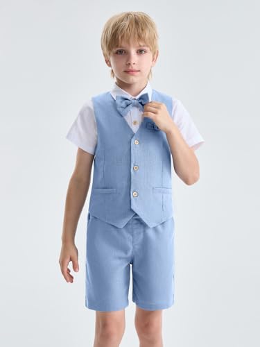 Image of LOLANTA Boys Linen Suit 4 Piece Summer Gentleman Outfit Kids Shorts Set