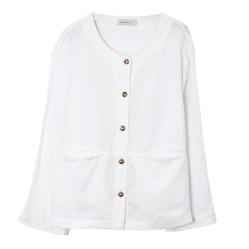 Image of Amazhiyu Women's 100% Linen Long Sleeve Button Up Crew Neck Lightweight Cardigan