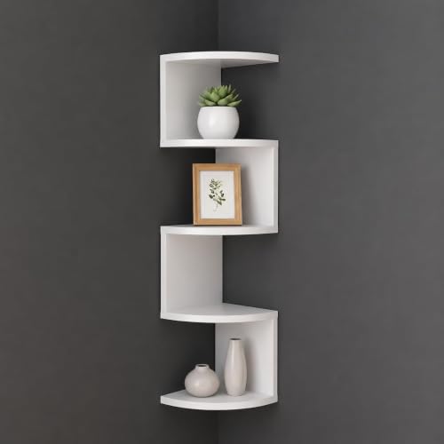 Image of Elcom Corner Wall Mounted Shelf for Living Room | Modern Wooden Corner Rack for Bedroom, Office & Home Decor | Space Saving Floating Display Shelf for Books, Plants, Photos & Decorative Items (White)