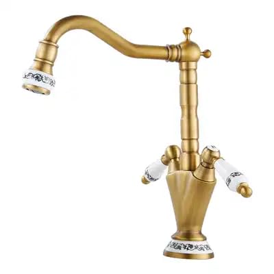 Brass Retro European Antique Faucet Hot and Cold Basin Faucet Heightened Single-Hole Washbasin Countertop