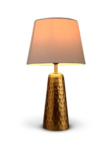 Image of Green Girgit Golden Hammered V-Shaped Lamp with Taper Solid White Shade | Galvanized Iron Bedside Metal Handcrafted Night & Reading Lamp | Home & Living Room Decor Item