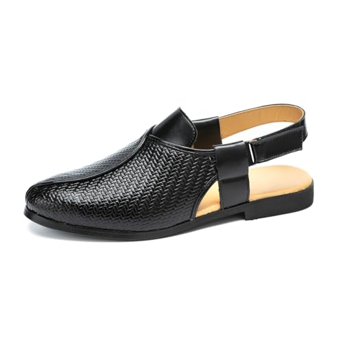 Men's Woven Leather Close-Toe Sandals with Adjustable Ankle Strap Breathable Lightweight Summer Arch Support Slip-On Flats Casual Dress Beach Walking Office Formal Work Shoes