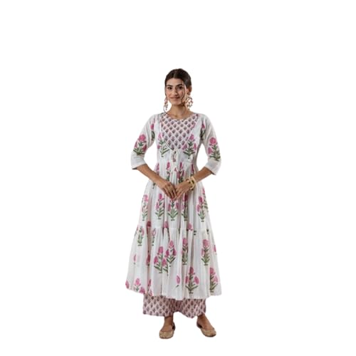 Floral Print Cotton Kurti Dress Set with Dupatta, Long Length, White and Pink