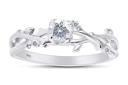SAVEARTH DIAMONDS Twisted Leaf Design, 1/2 Carat Center Round Cut Moissanite Lab Created Diamond Solitaire Engagement Promise Ring In 14k Gold Over Sterling Silver (0.55 Cttw)