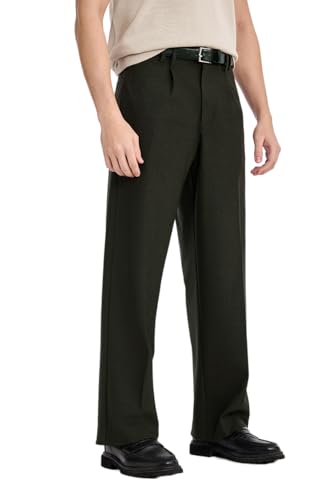 Image of SNITCH Men Trousers Casual Wear | Baggy Fit Wide-Leg Pleated Front Solid Pattern | Polyester Viscose Elastane Blend, Mid Rise, Full Length Office Wear