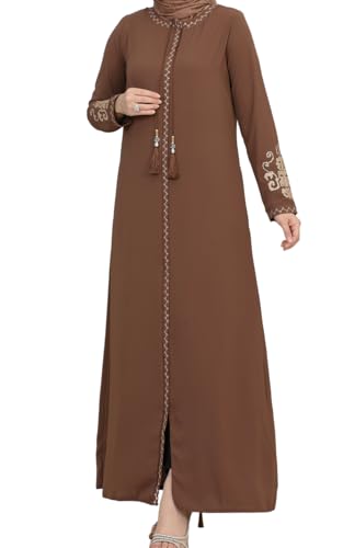 istanbul styles Women's Embroidered Sleeves Abaya and Embroidered On The Side of The Zipper Long Sleeve Floor Length Turkish Islamic Fashion (Brown, XX-Large)
