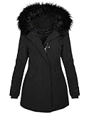 Zarlena Damen Kunstfell Winterparka Wintermantel mit Fell Kapuze Kunstfell Winterjacke Parka Jacke Mantel Winter abnehmbare Fellkapuze Schwarz/Fell Schwarz L / 40