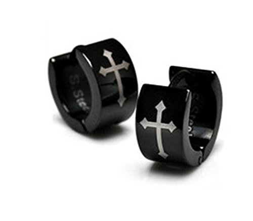MANDI HOME 2pcs Unisex Cross Stainless Steel Clip On Hoop Hinged Huggie Stud Earring,Black